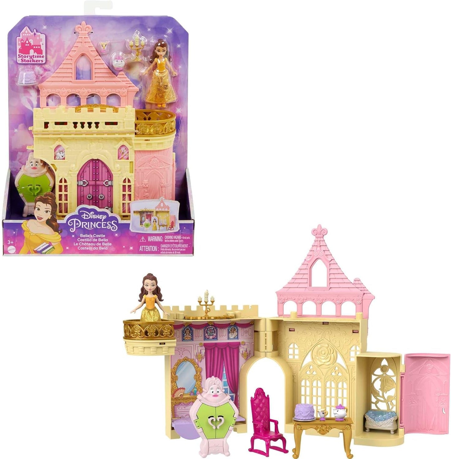 Mattel Disney Princess Playset trasformabile Carrozza al castello con la piccola bambola Aurora, 3 livelli, 6 aree gioco, 4 personaggi, mobili e accessori HWX17 Bambole Naty Shop Belle Playset
