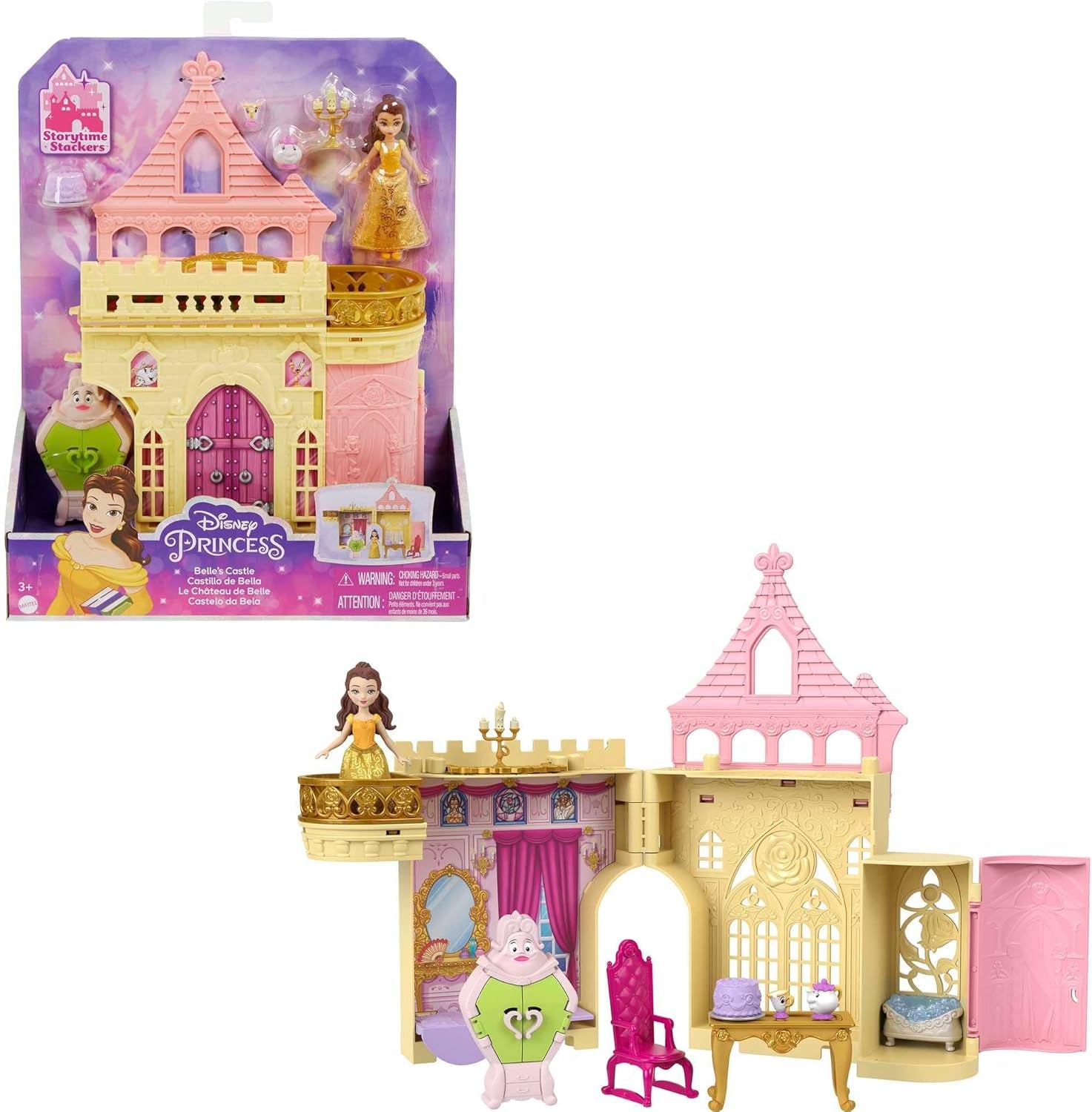 Mattel Disney Princess Playset trasformabile Carrozza al castello con la piccola bambola Aurora, 3 livelli, 6 aree gioco, 4 personaggi, mobili e accessori HWX17 Bambole Naty Shop Belle Playset