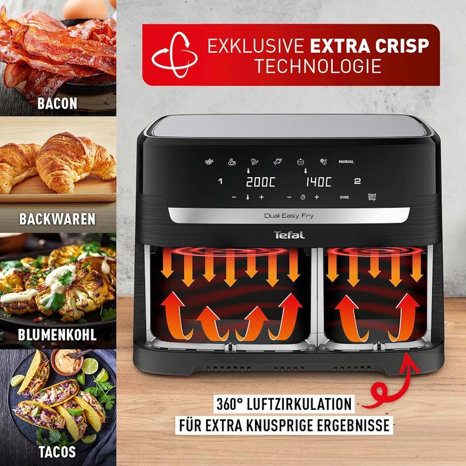 Friggitrice ad aria calda Tefal Dual Easy Fry con due camere, capacità 5,2/3,1 litri, due cassetti indipendenti, 7 programmi Elettrodomestici Naty Shop