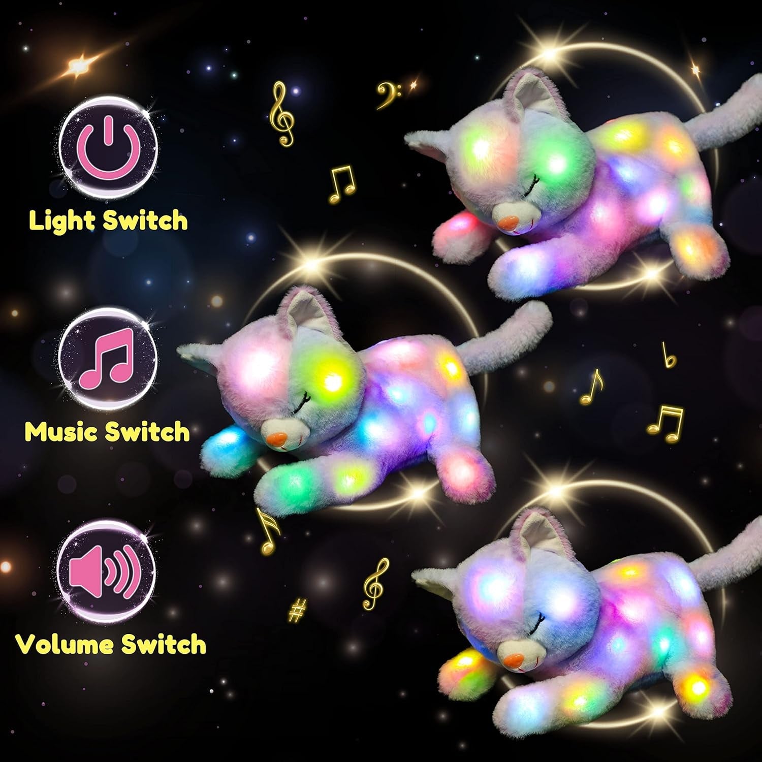 Gatto di Peluche Musicale a LED, Giocattolo Cantante Leggero, Mamma Gatta con 3 Gattini nella Pancia, Ninna Nanna Animata, Giocattolo Rilassante per Mamme, Bambini, Bambine, Arcobaleno, 45 cm