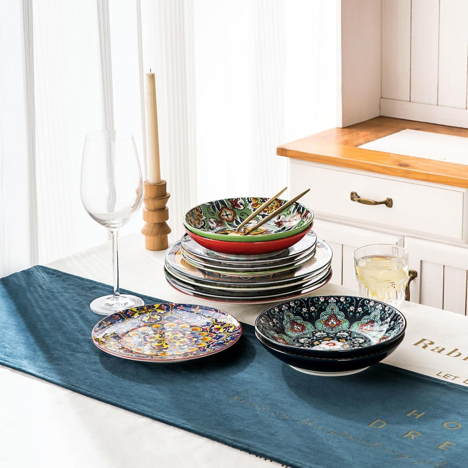 HENXFEN LEAD Servizio di stoviglie in porcellana, Servizio di stoviglie da 12 pezzi per 4, Servizio di stoviglie colorato per 4 - Piatti dipinti a mano, Piatti da dessert, Piatti fondi - Stile bohémien