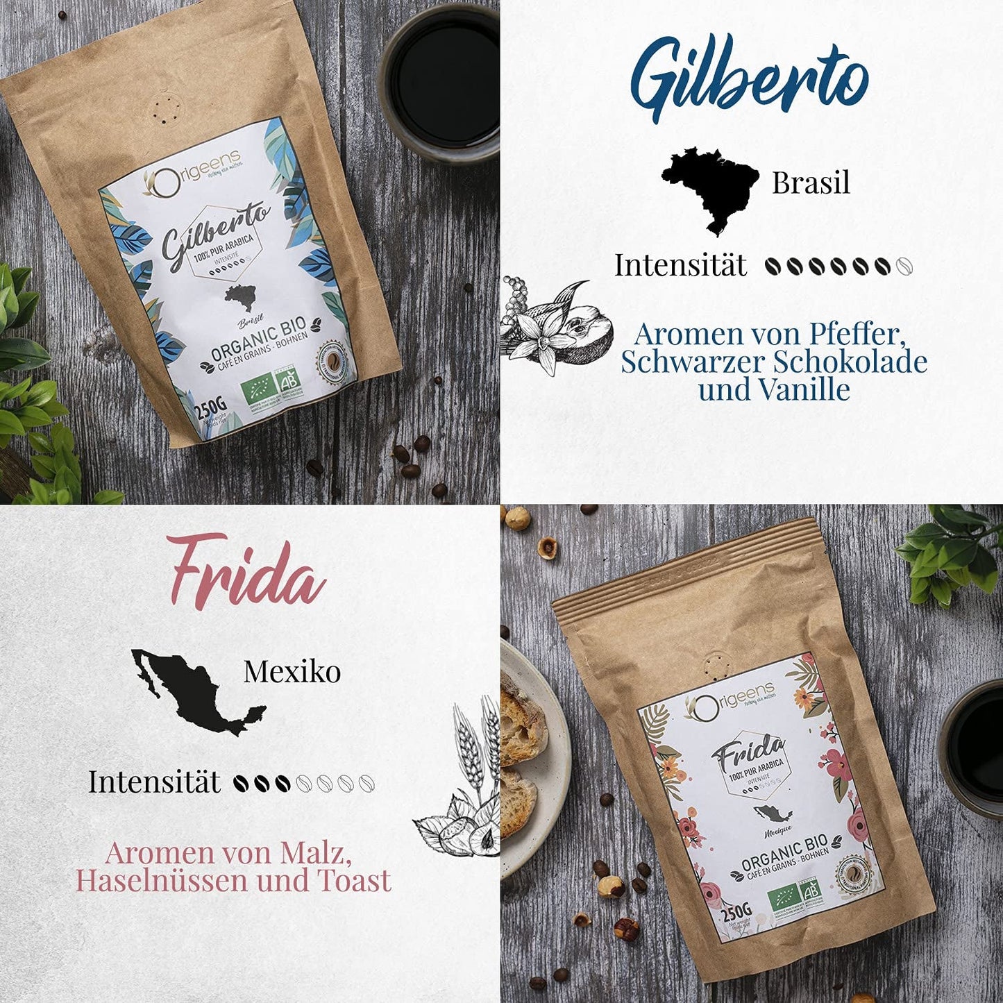 ORIGEENS Bio Kaffeebohnen Probierset 1kg | Premium Bio Arabica Kaffee Ganze Bohnen Set 4x250g | Röstung tradizionale | Kaffee Geschenkset