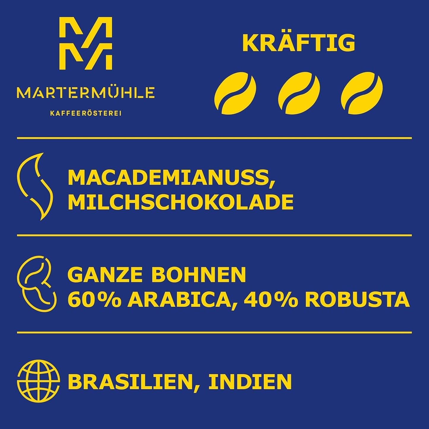 Chicchi di caffè espresso Martermühle Cioccolato 500g Forte | Arabica/Robusta | Gusti: Noci di macadamia, cioccolato al latte | Chicchi di caffè espresso interi tostati leggermente, bassa acidità