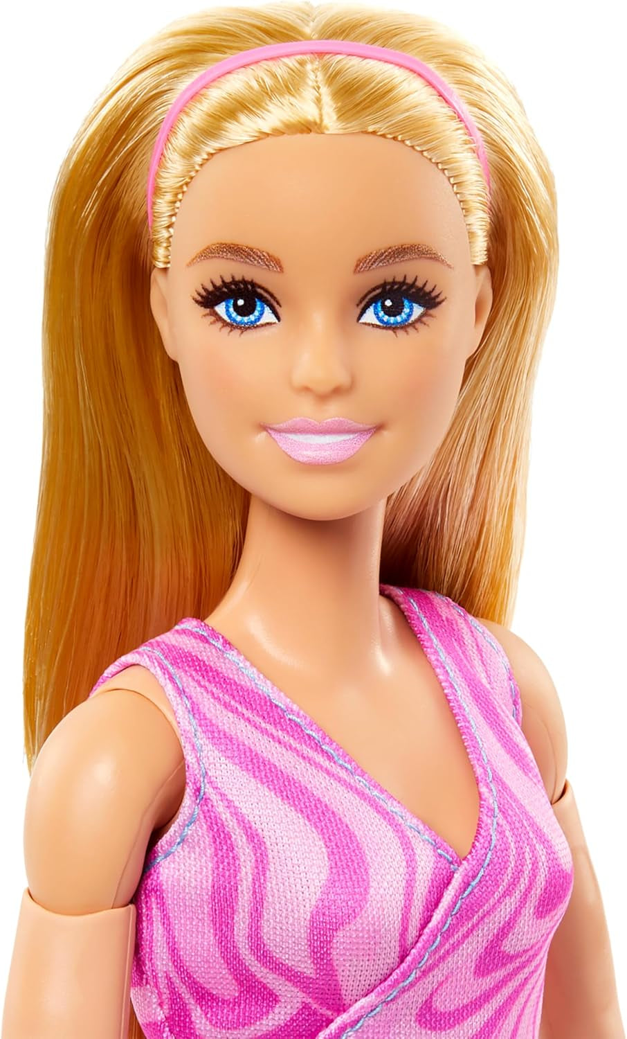 Barbie bambola made-to-move con capelli biondi, top sportivo rosa staccabile e pantaloni da yoga blu, 22 articolazioni, HRH27, [Multicolore]