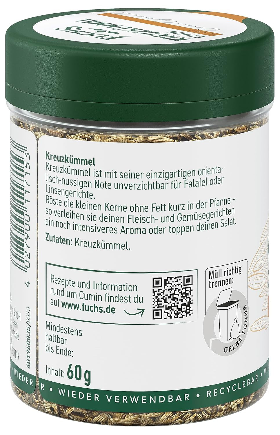 Fuchs Gewürze - Kreuzkümmel ganz - orientalisch-nussige Note für Falafel und Linsengerichte - ingredienti naturali - 60 g in wiederverwendbarer, recyclebarer Dose