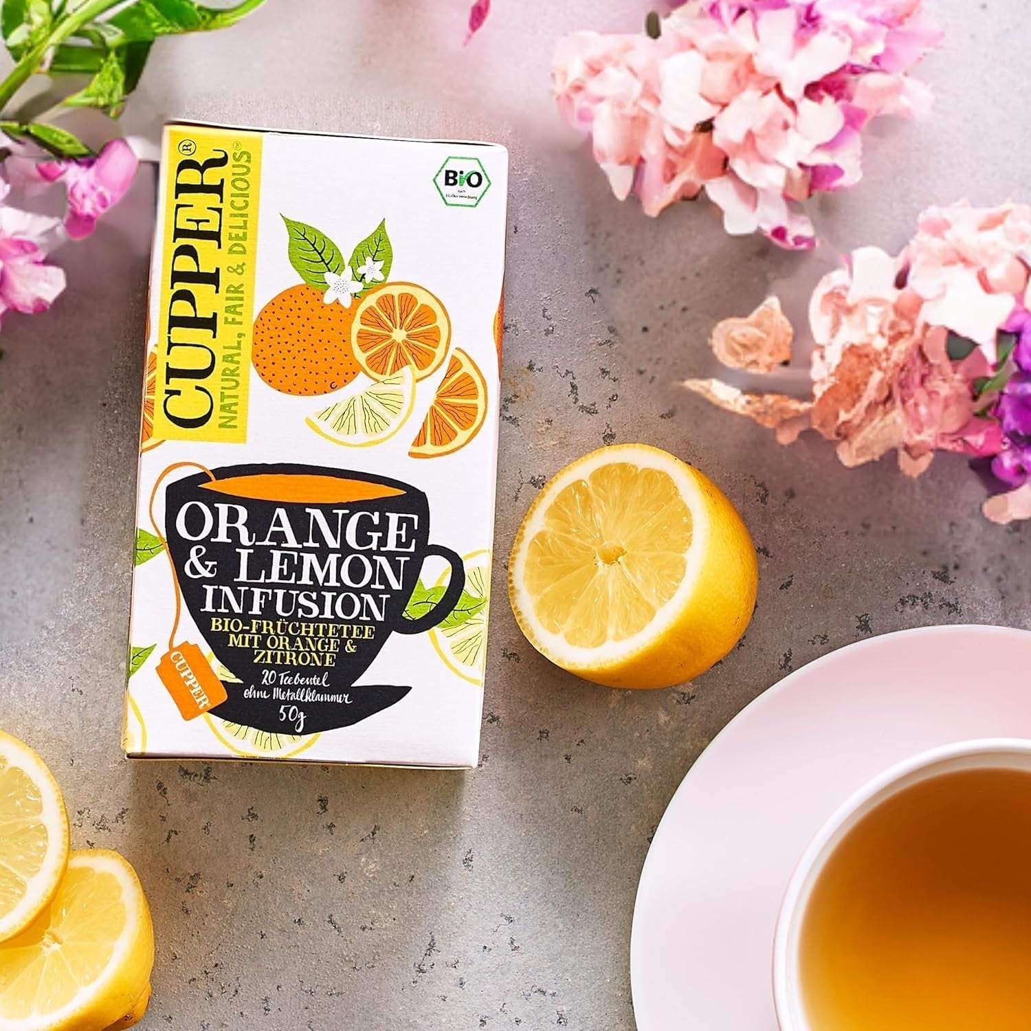 CUPPER Tè alla frutta biologico "Infuso di arancia e limone", 20 bustine di tè non sbiancato, biologico, commercio equo e solidale
