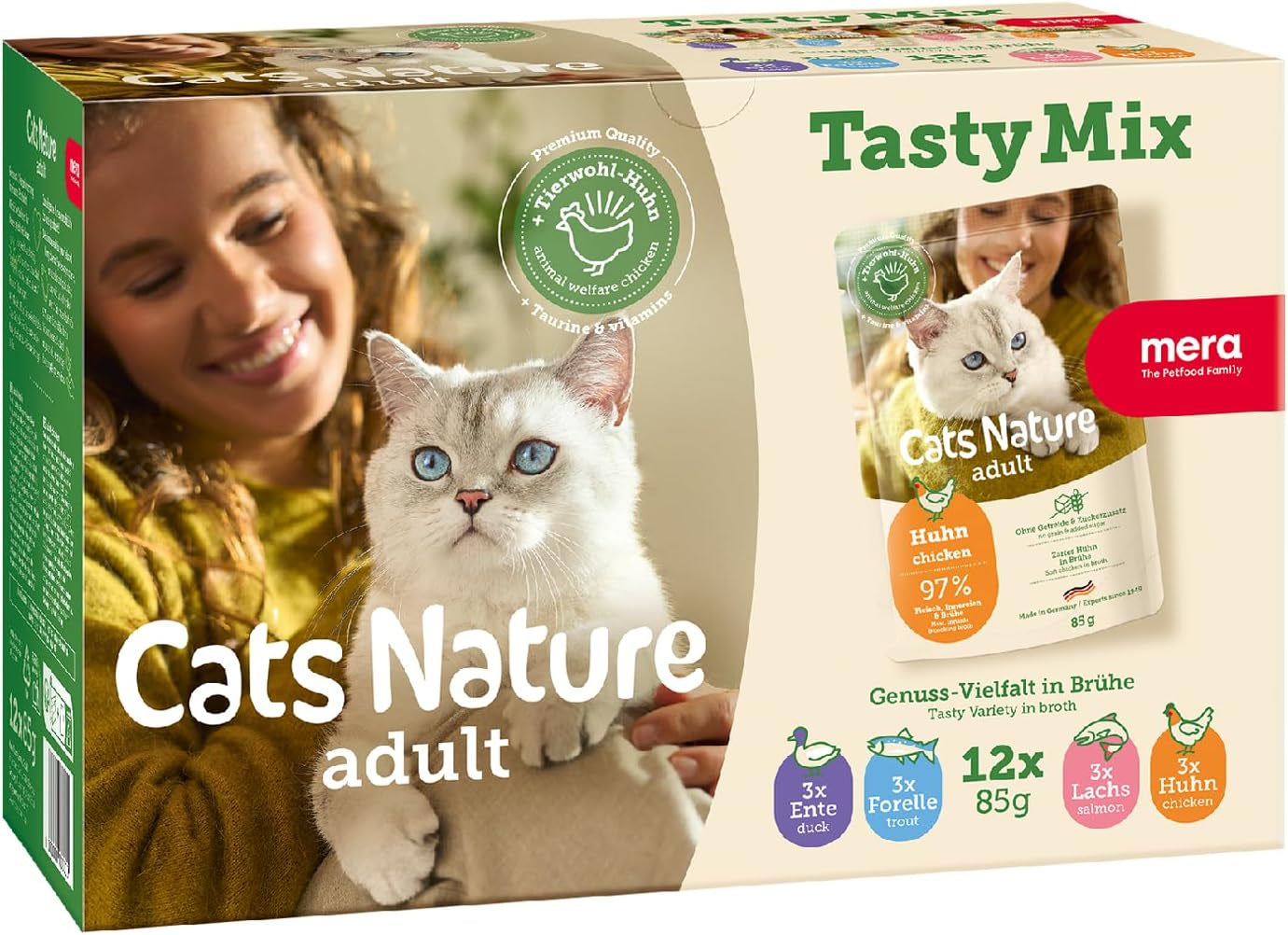MERA Cats Nature Adult Tasty Mix Premium Cibo umido per gatti 12x85g | Senza zucchero e senza cereali | Alimento umido per gatti adulti ad alto contenuto di carne | Pacchetto economico