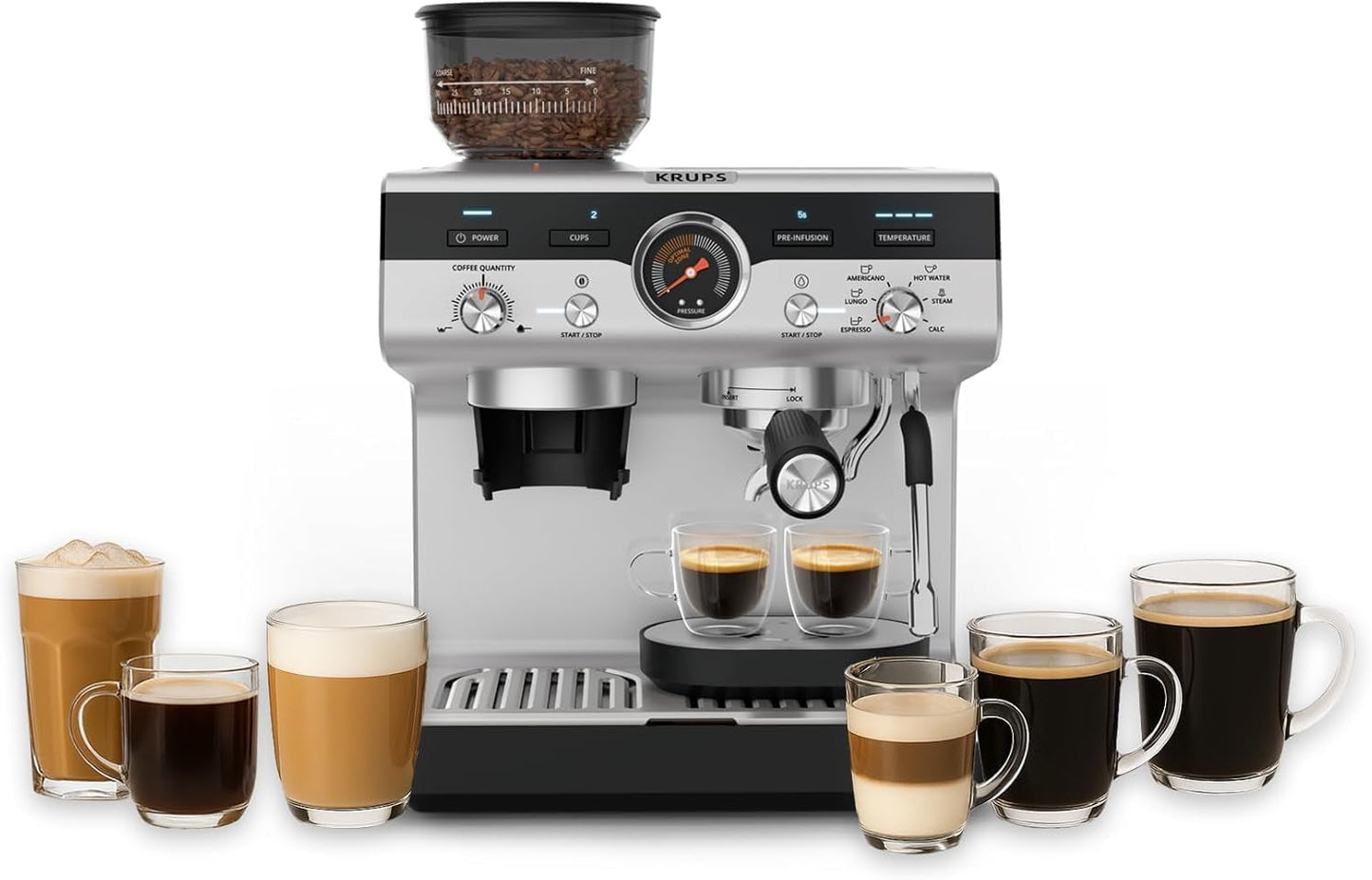 Macchina per caffè espresso manuale Krups Precision con portafiltro e macinacaffè, macchina per caffè barista con pannello di controllo intuitivo, impostazioni di pre-infusione, macchina per caffè espresso con ugello vapore, riscaldamento rapido, XP801T10