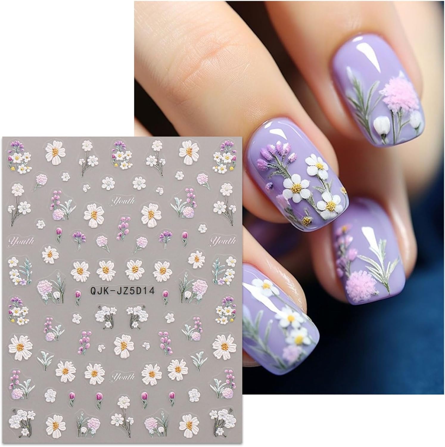 JMEOWIO 3D Nagelsticker Blumen Nail Art Sticker Selbstklebend Nagelaufkleber 5D Stereoscopico Estate Frühling Blumen Dekoration Nageldesign Zubehör 4 Blatt