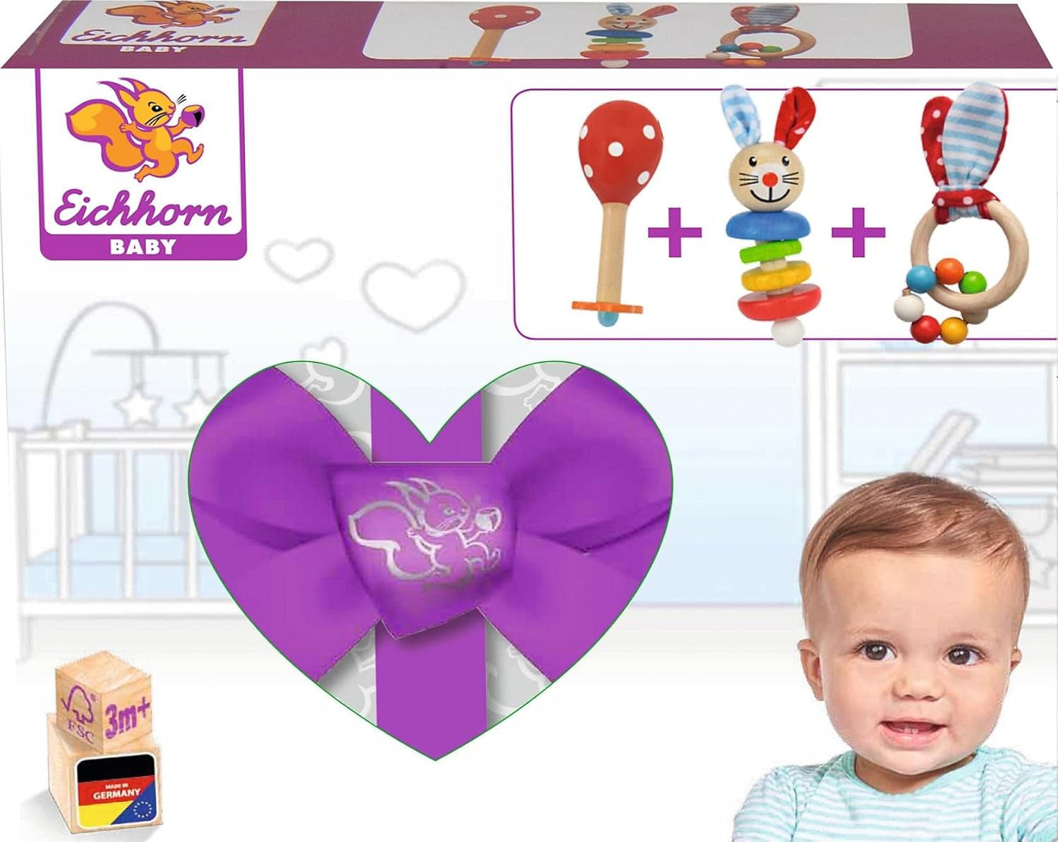 Eichhorn 100017045 - Set regalo/inizia bebè con maracas, giocattolo con suono e giocattolo con motivo coniglio, 3 pezzi, a partire da 3 mesi Giocattoli Bebe Naty Shop