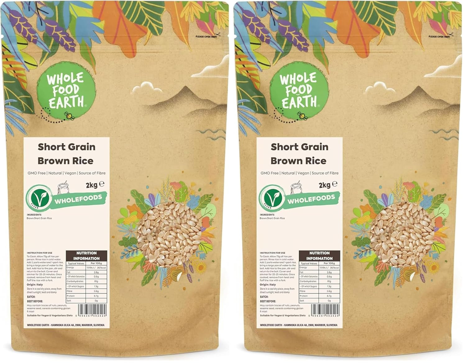 Riso integrale a chicco corto Wholefood Earth - non OGM - naturale - vegano - senza latticini - senza zuccheri aggiunti, 2 kg