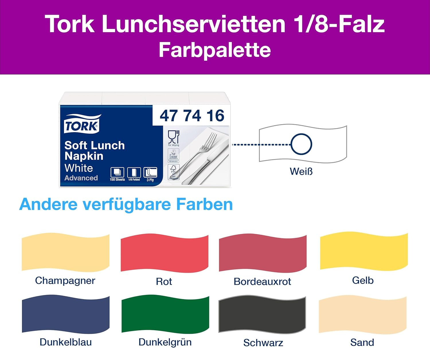 Tork Tovagliolo Soft Lunch bianco, piega 1/8, 3 veli, 33 cm × 33 cm, 150 tovaglioli, 477416