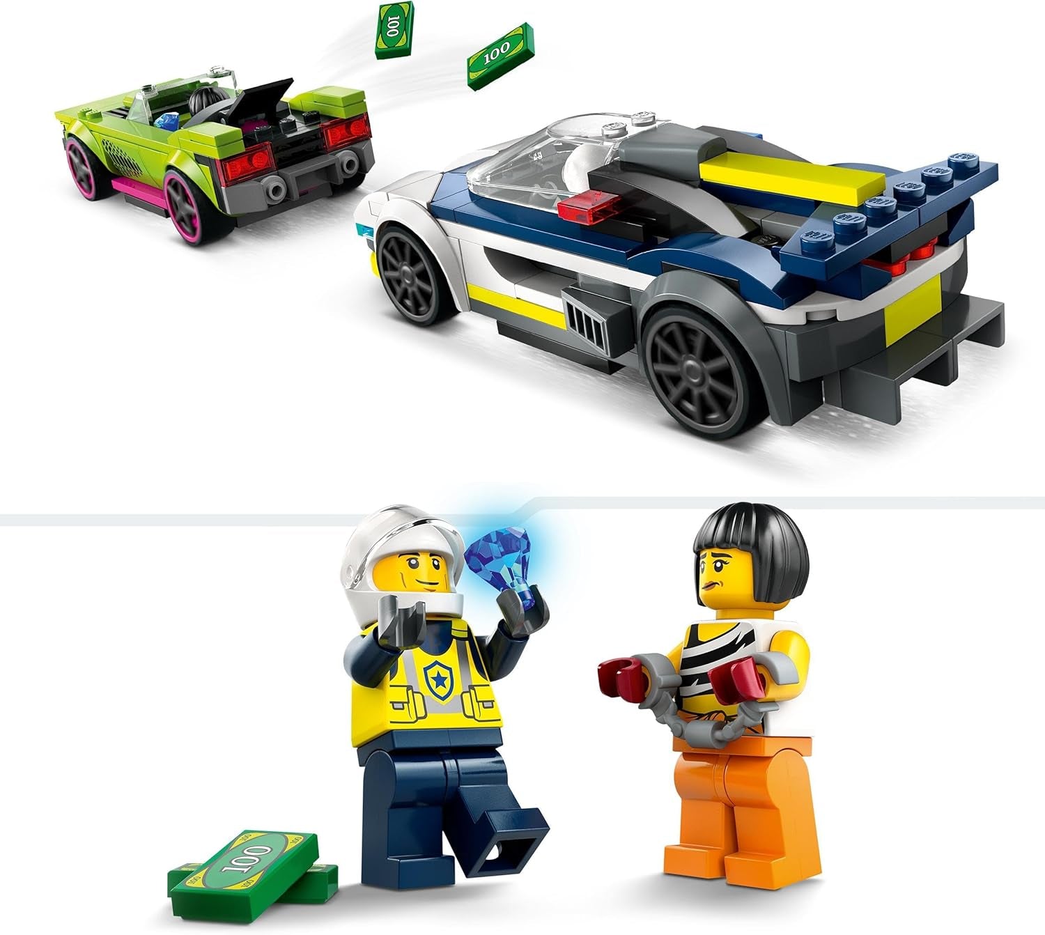 Inseguimento in auto LEGO City con auto della polizia e muscle car, trenino con 2 auto da corsa, regalo della polizia per bambini, ragazzi e ragazze dai 6 anni, set con poliziotto e minifigure Ganovin 60415 Set da costruzione Besuche den LEGO-Store