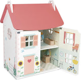 Janod - La mia prima casa delle bambole in legno - 10 accessori - Mobili per bambole - Porte magnetiche e tetto rimovibile - Giocattolo in legno certificato FSC - Dai 3 anni in su