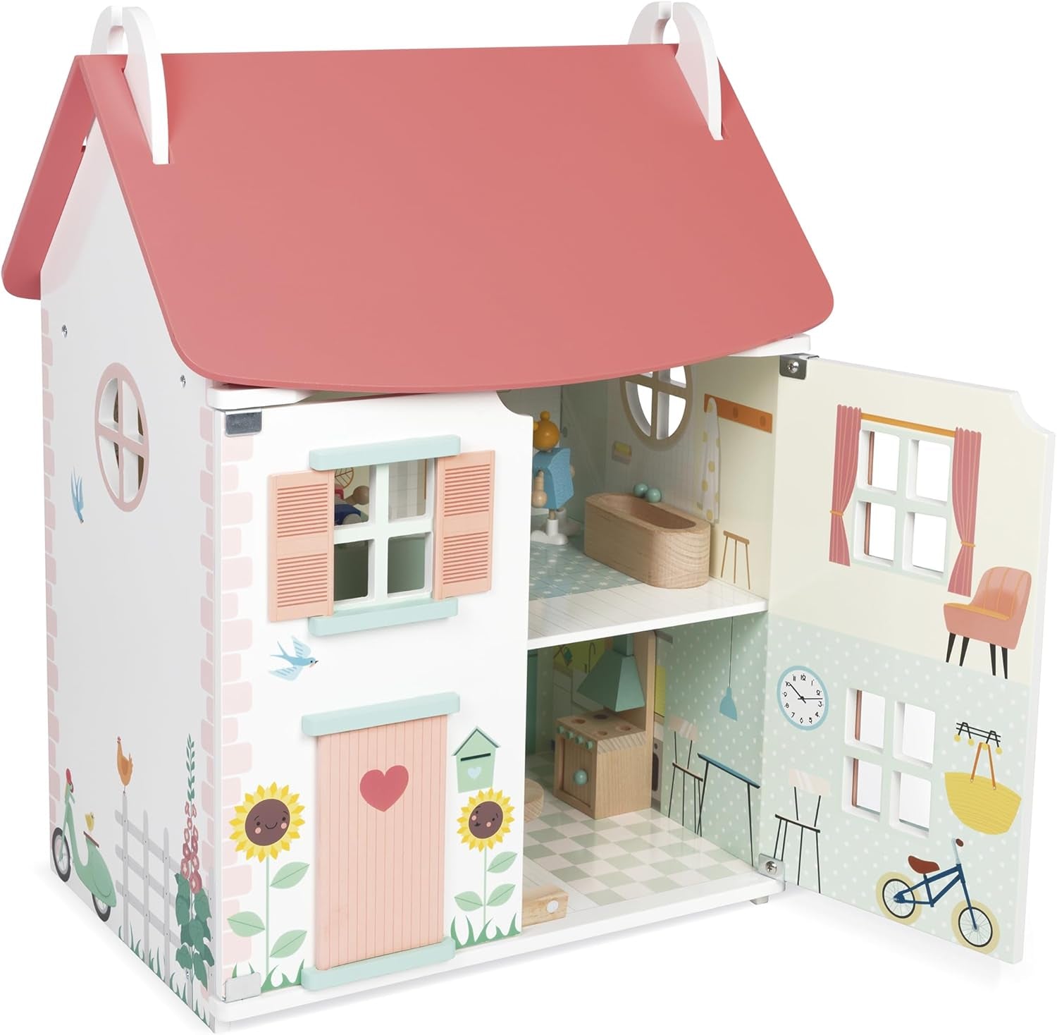 Janod - La mia prima casa delle bambole in legno - 10 accessori - Mobili per bambole - Porte magnetiche e tetto rimovibile - Giocattolo in legno certificato FSC - Dai 3 anni in su
