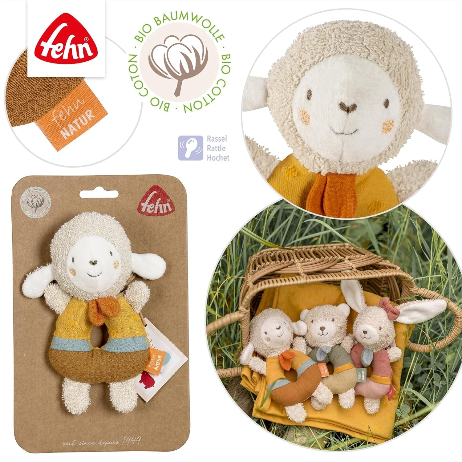 Fehn anello da presa per bebè pecora fehnNATUR - peluche con cotone biologico - giocattolo per bebè con campanello e gioco didattico - giocattolo da afferrare per neonati e bambini da 0+ mesi Baby Toys Naty Shop
