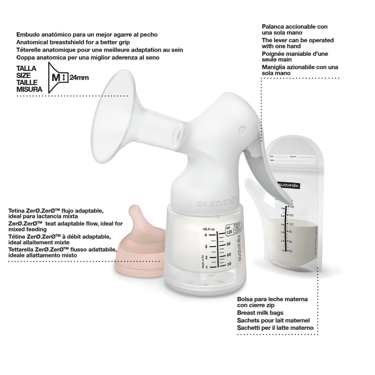 Suavinex, Tiralatte materno, 120 ml, con flusso regolabile Accessori Alimentazione e Allattamento Bebe Naty Shop