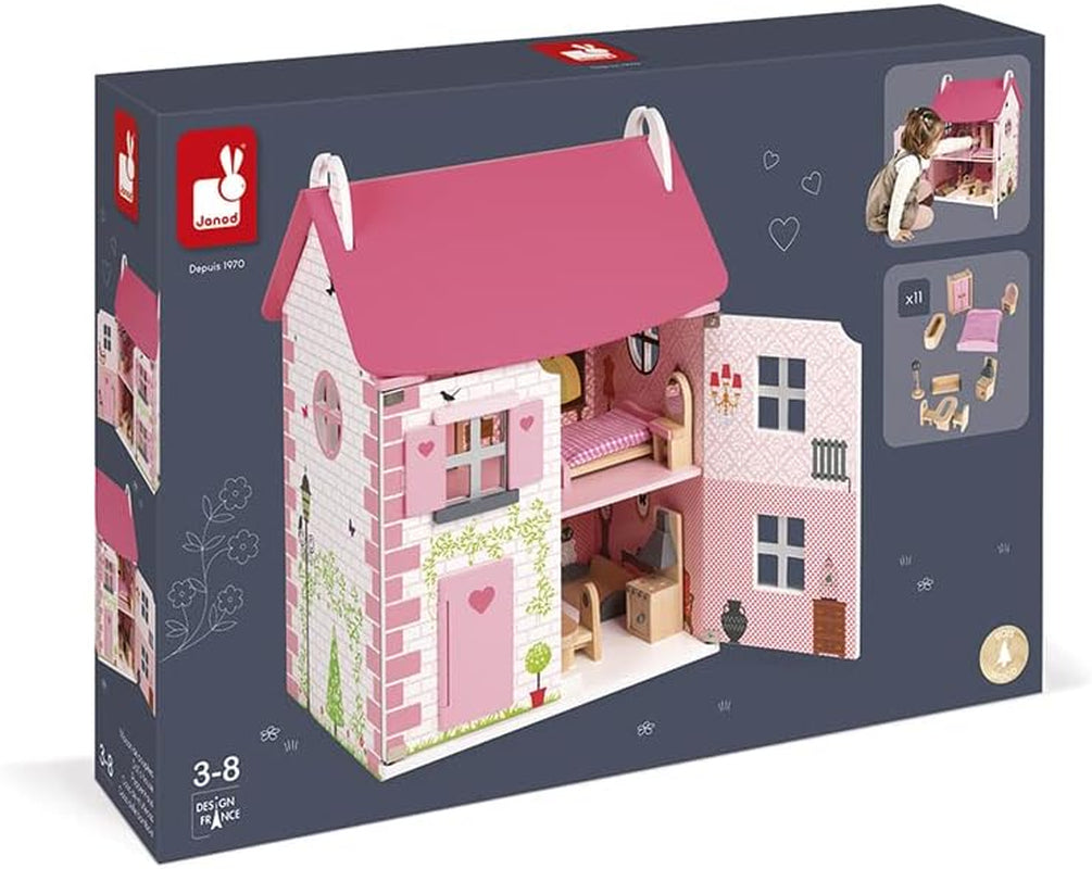 Janod - Casa delle bambole in legno Mademoiselle, 3 piani e 11 accessori, giocattolo replica, sviluppa l'immaginazione, dai 3 anni in su, J06581, Pink Naty Shop Dollhouses