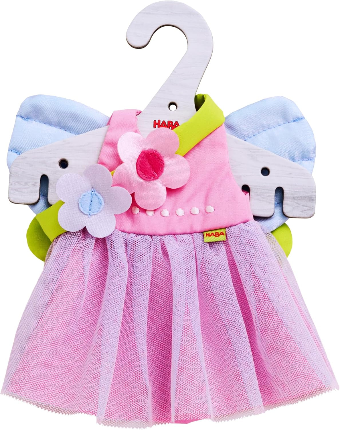 Vestiti per bambole HABA Fairy Magic - Set da 2 pezzi per bambole da 18 mesi in su (30 cm) - Abito in tulle con ali, fascia per capelli con fiori inclusa - 1306243001