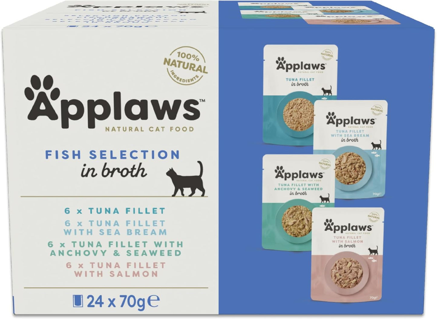 Applaws Cibo Umido per Gatti 100% Naturale Selezione Pesce Bustine in Brodo - Confezione da 24 Bustine x 70g