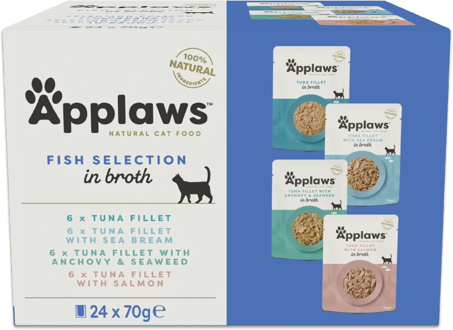 Applaws Cibo Umido per Gatti 100% Naturale Selezione Pesce Bustine in Brodo - Confezione da 24 Bustine x 70g
