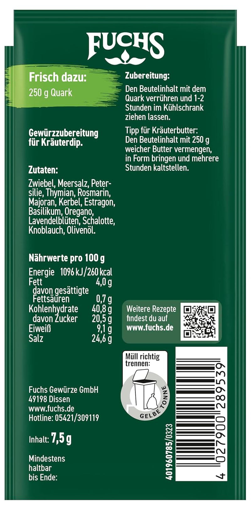 Fuchs Gewürze - Immergiamoci! Kräuter der Provence Gewürzzubereitung, Gewürz für Kräuterquarkdip, 7,5 g nella busta
