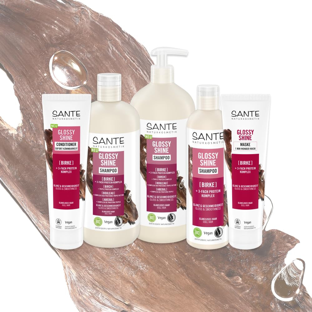 SANTE Naturkosmetik Glossy Shine Mask estratto di foglie di betulla biologica + 3x complesso proteico, maschera per capelli idratante e senza siliconi, cura dei capelli vegana per maggiore lucentezza e morbidezza, 150 ml Naty Shop Hair Mask