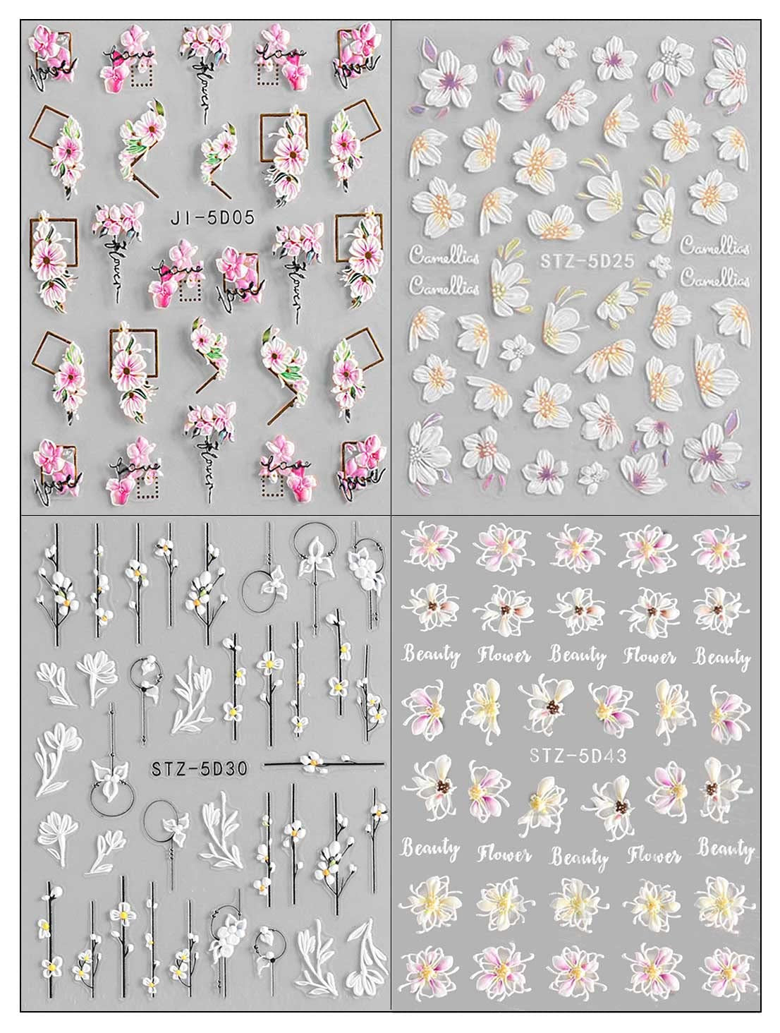 JMEOWIO 3D Nagelsticker Frühling Blume Nail Art Sticker Selbstklebend Nagelaufkleber 5D Stereoscopic Blumen Dekoration Nageldesign Zubehör 4 Blatt
