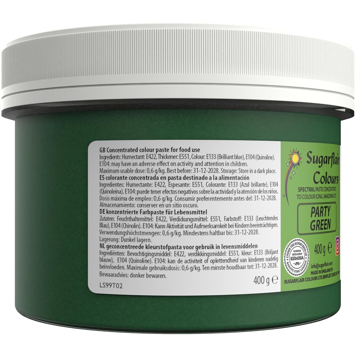 Sugarflair Partygreen Pasta colorante alimentare, colorante alimentare per fondente e marzapane, pasta concentrata spettrale - 400 g