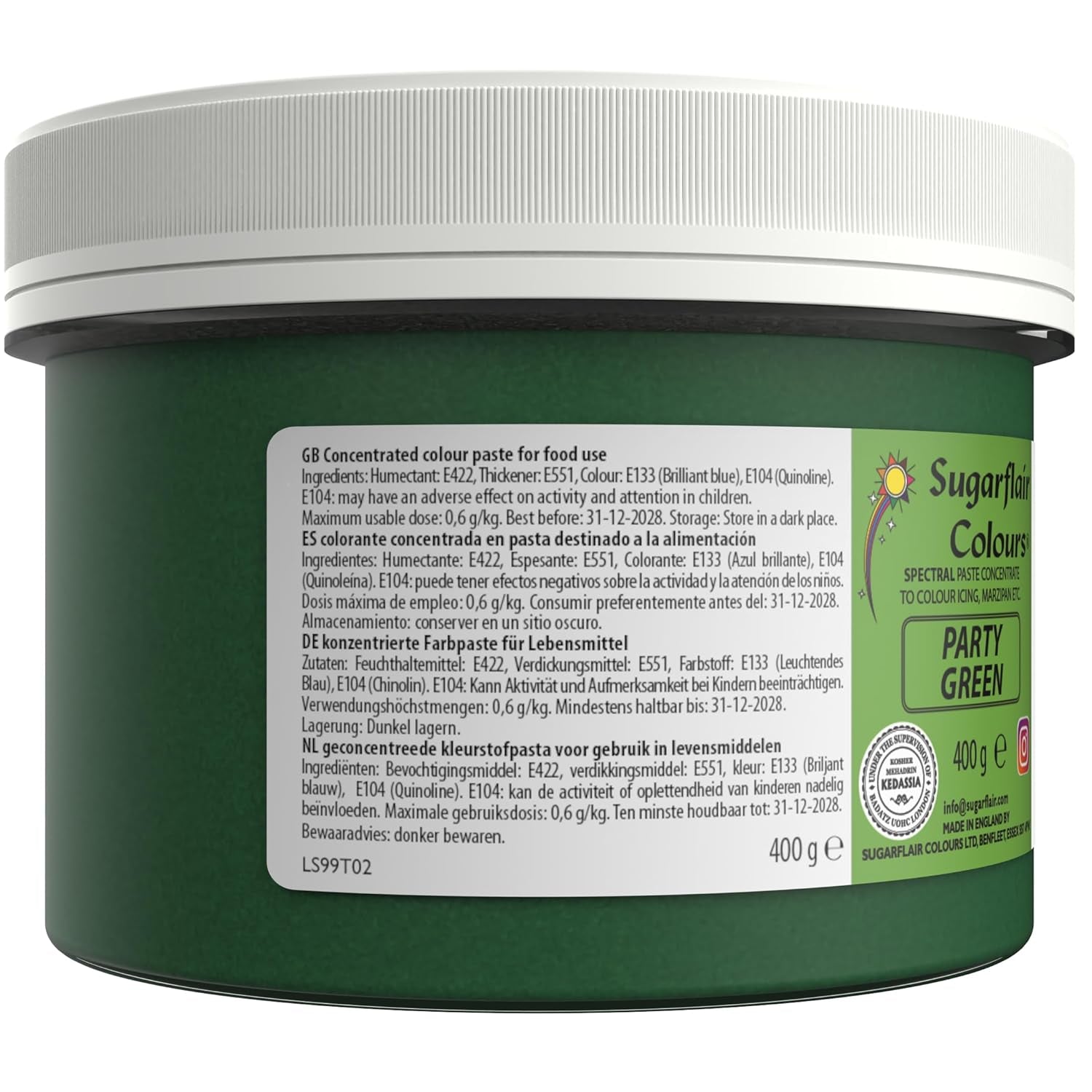 Sugarflair Partygreen Pasta colorante alimentare, colorante alimentare per fondente e marzapane, pasta concentrata spettrale - 400 g