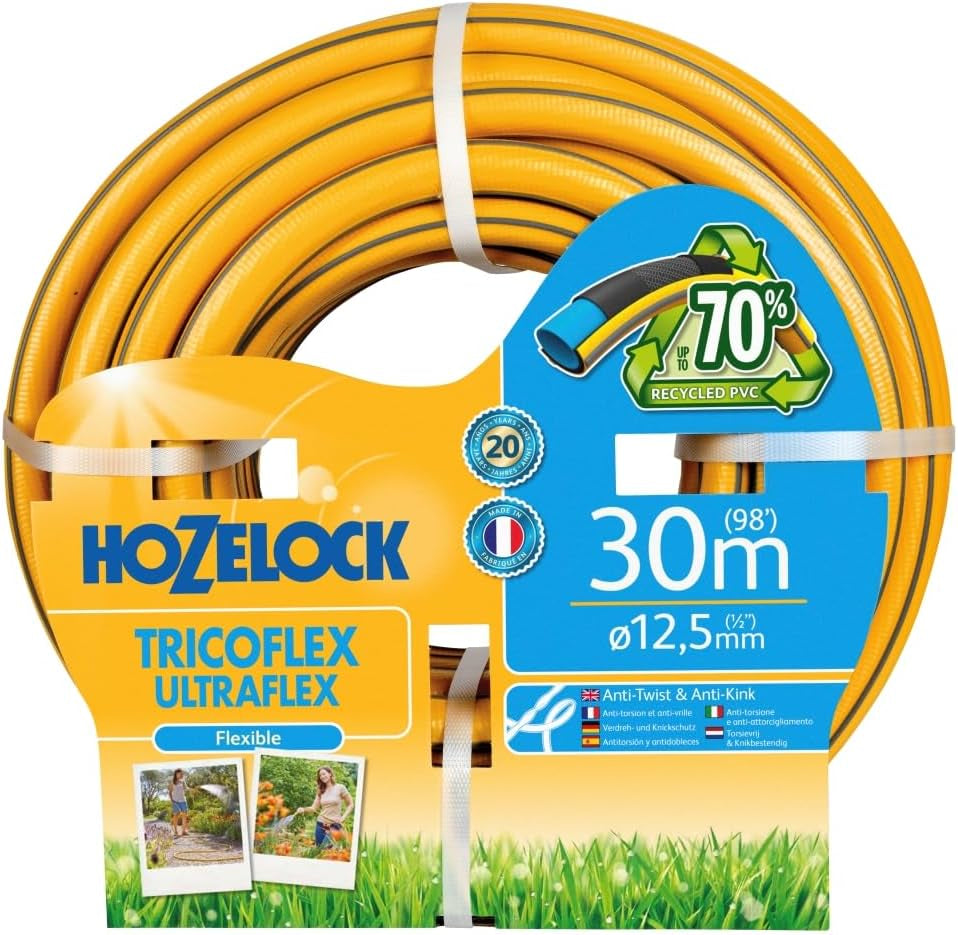 HOZELOCK - Tubo Tricoflex Ultraflex Ø 12,5 mm (1/2") 20 M: Tubo da giardino flessibile, resistente alle intemperie, alla torsione e alla piegatura, in PVC riciclato al 40% [117002], giallo