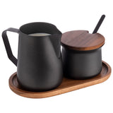 Set latte e zucchero APS 634, set 5 pezzi, legno di acacia, acciaio inossidabile, rivestimento antiaderente, nero