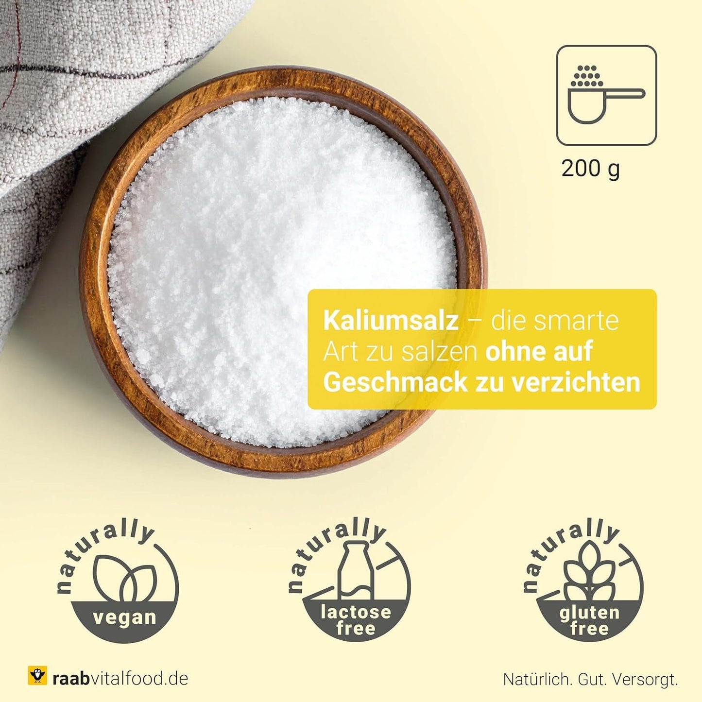 Raab Vitalfood Kalium salt-Mischung, Mineralsalzmischung mit 66.7% Natrium Chlorid (Kochsalz) und 33% Kalium Chlorid, Kalium trägt zur Aufrechterhaltung eines normalen Blutdruck bei (1 x 200 g Dose)