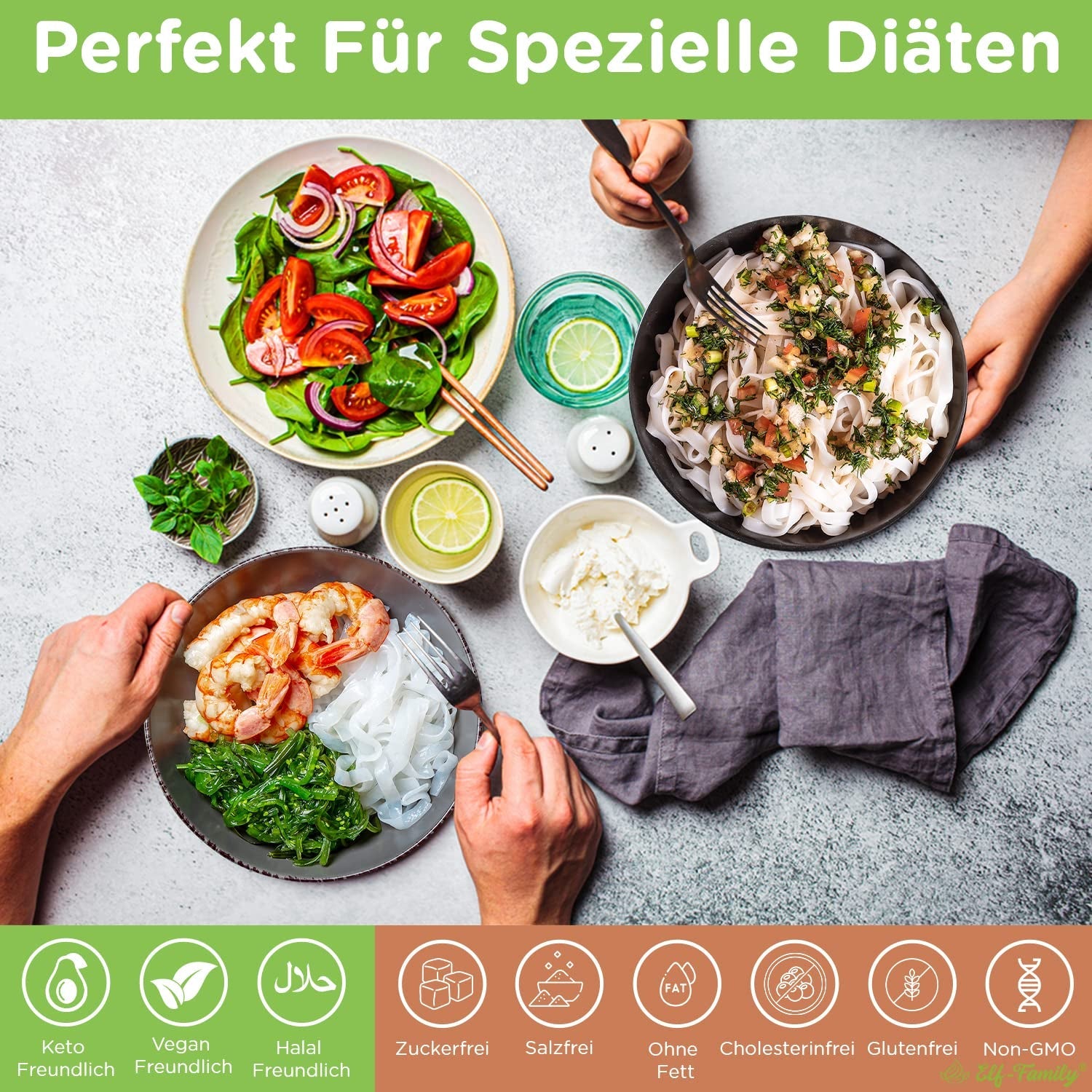 Elf-Family 6 Cutii (12 buc.) Tăiței Konjac Organici Ultra Low Carb Shirataki Vegani Fără Gluten - 1,62 kg, Tăiței Instant fără carbohidrați/Keto/Scăzuți în calorii/Fără grăsimi/Fără zahăr - Spaghete și Fettuccine
