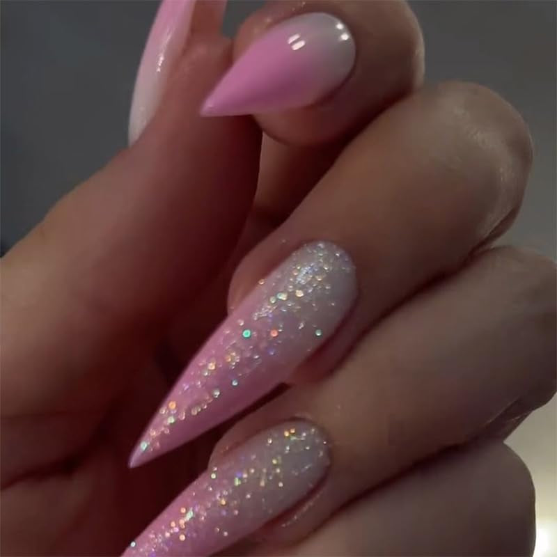 Moonglow Unghie Lunghe Stiletto Bianco Latte Rosa Sfumato Glitter Unghie Finte Fresche Con Colla Unghie Artificiali Glitter Rosa Ombre
