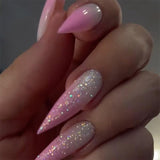 Moonglow Unghie Lunghe Stiletto Bianco Latte Rosa Sfumato Glitter Unghie Finte Fresche Con Colla Unghie Artificiali Glitter Rosa Ombre