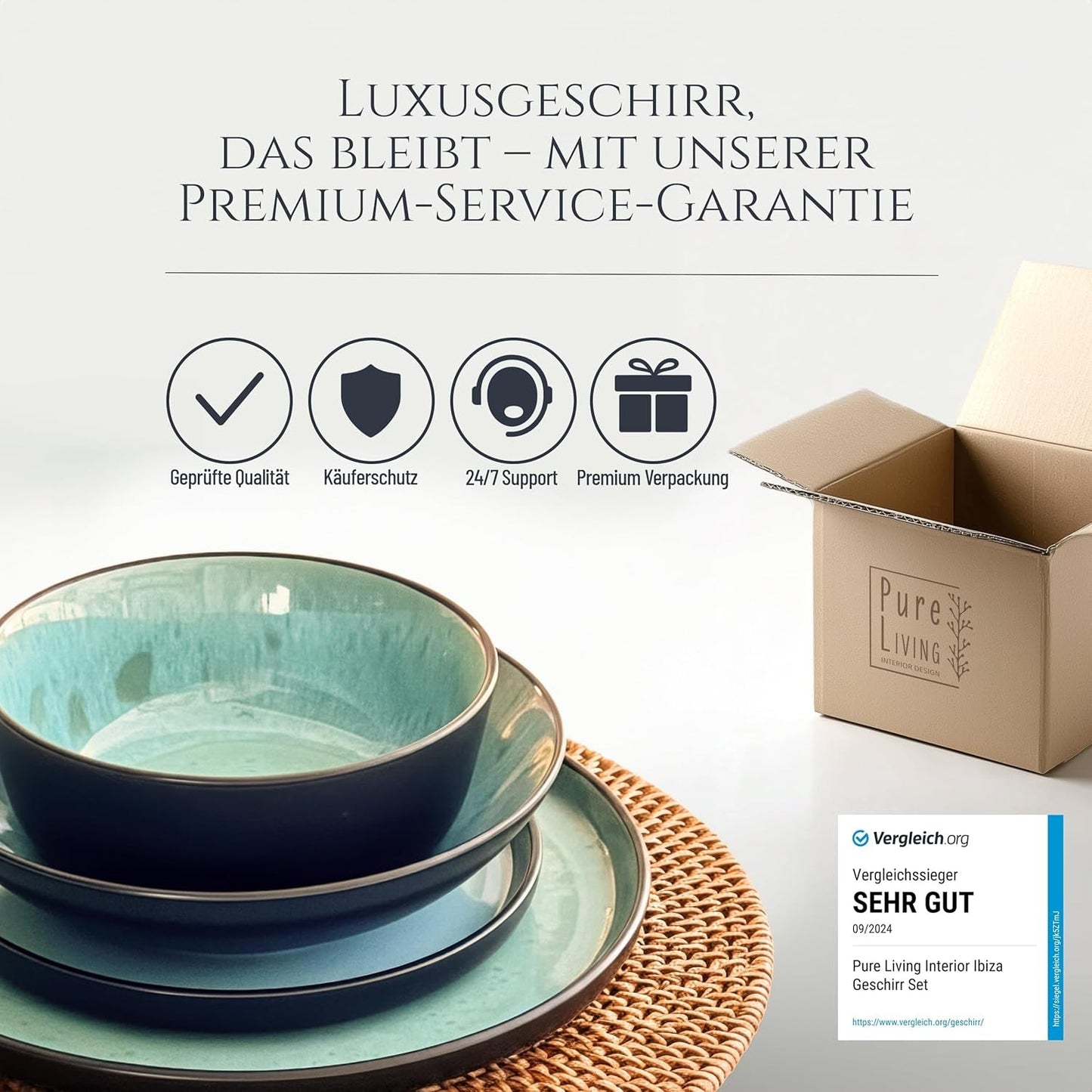 Servizio stoviglie 24 pezzi in gres ceramica per 6 persone, design Ibiza, VINCITORE DEL TEST. Uno splendido set di stoviglie mediterranee che comprende ciotole e piatti. Servizio da tavola Pure Living, verde salvia.