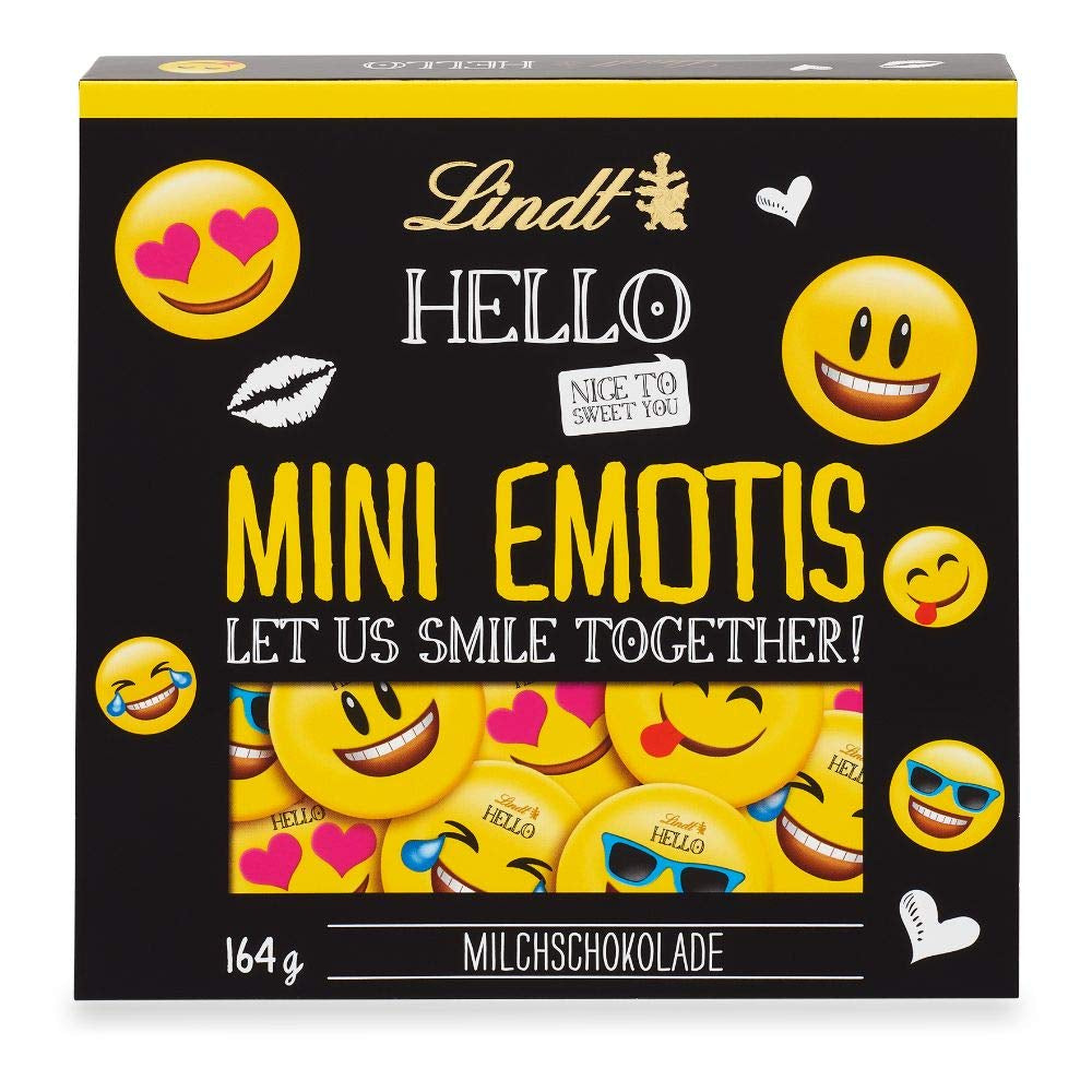 Assortimento di cioccolato (37 palline LINDOR, 24 Mini bastoncini Hello, 10 Mini Fioretto), regalo di cioccolato (1 x 815 g) e Mini Emoti HELLO, cioccolato al latte in 5 disegni emoticon, 164 g