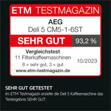Macchina per caffè espresso AEG Deli 5, 1,5 l, timer programmabile, funzione di mantenimento in caldo, arresto di sicurezza, indicatore del livello dell'acqua, dosaggio ottimale, funzione antigoccia, acciaio inossidabile, CM5-1-6ST