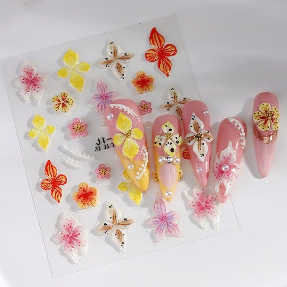JMEOWIO 3D Nagelsticker Fiore colorato Nail Art Sticker Selbstklebend Nagelaufkleber 5D Stereoscopico Decorazione floreale primavera estate Nageldesign Zubehör 4 Blatt
