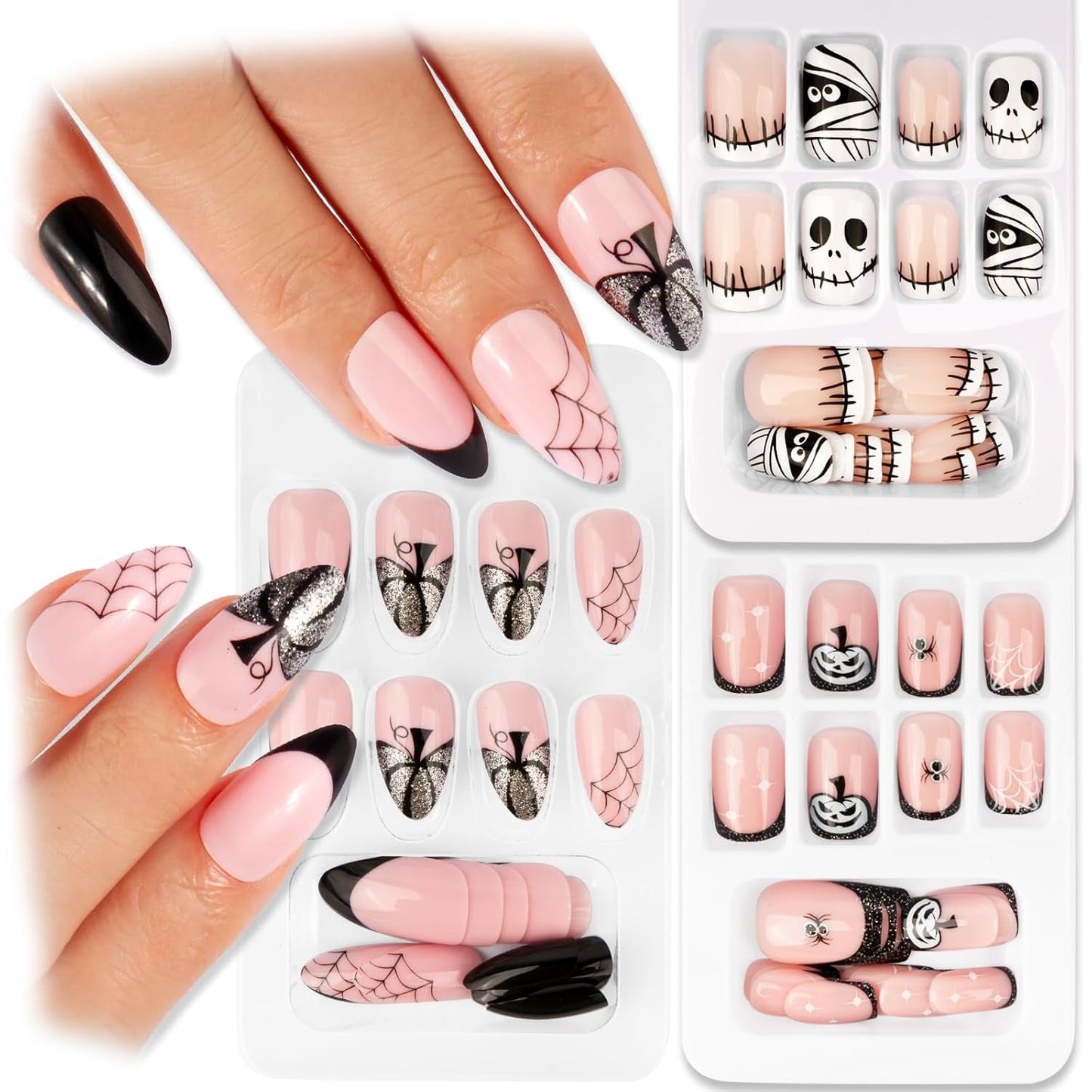 72 pezzi Unghie di Halloween Unghie finte autoadesive Unghie artificiali corte Unghie pressate autoadesive Zucca Fantasma Unghie artificiali Suggerimenti Nail Art Arancione Verde Nero