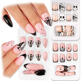 72 pezzi Unghie di Halloween Unghie finte autoadesive Unghie artificiali corte Unghie pressate autoadesive Zucca Fantasma Unghie artificiali Suggerimenti Nail Art Arancione Verde Nero