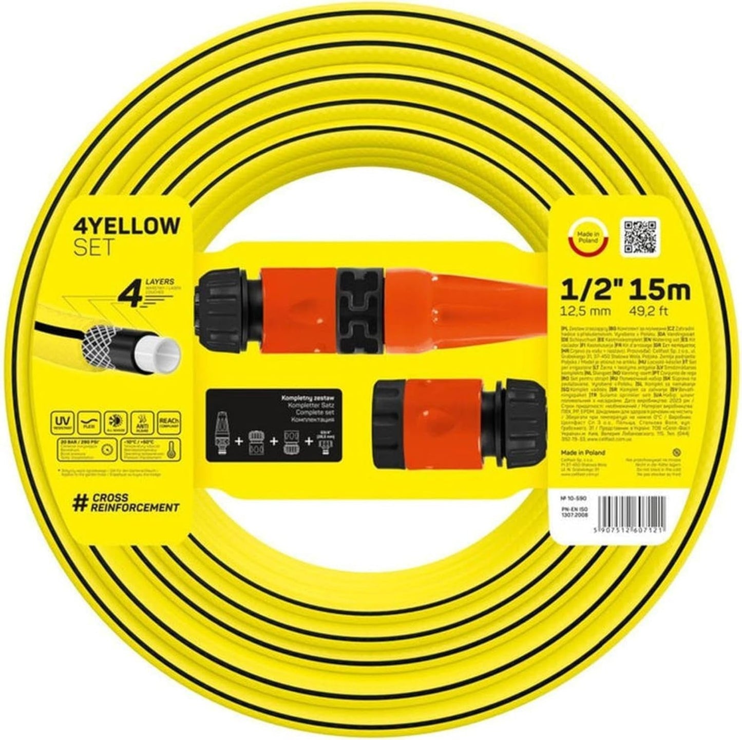 Tubo da giardino Cellfast GIALLO, leggero, durevole, 4 capi, con irrigatore, resistente ai raggi UV e alle alghe, antitorsione, tecnologia REACH, 20 bar, -10/+50°C, chiusura 1/2", 15m