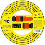 Tubo da giardino Cellfast GIALLO, leggero, durevole, 4 capi, con irrigatore, resistente ai raggi UV e alle alghe, antitorsione, tecnologia REACH, 20 bar, -10/+50°C, chiusura 1/2", 15m