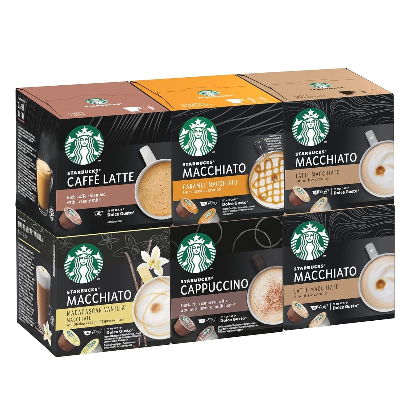 STARBUCKS Probierset, White Cup Variety Pack di Nescafé Dolce Gusto Kaffeekapseln & Vanilla Macchiato di Nescafé Dolce Gusto Kaffeekapseln 6 x 12 (72 Kapseln, 36 Portionen)