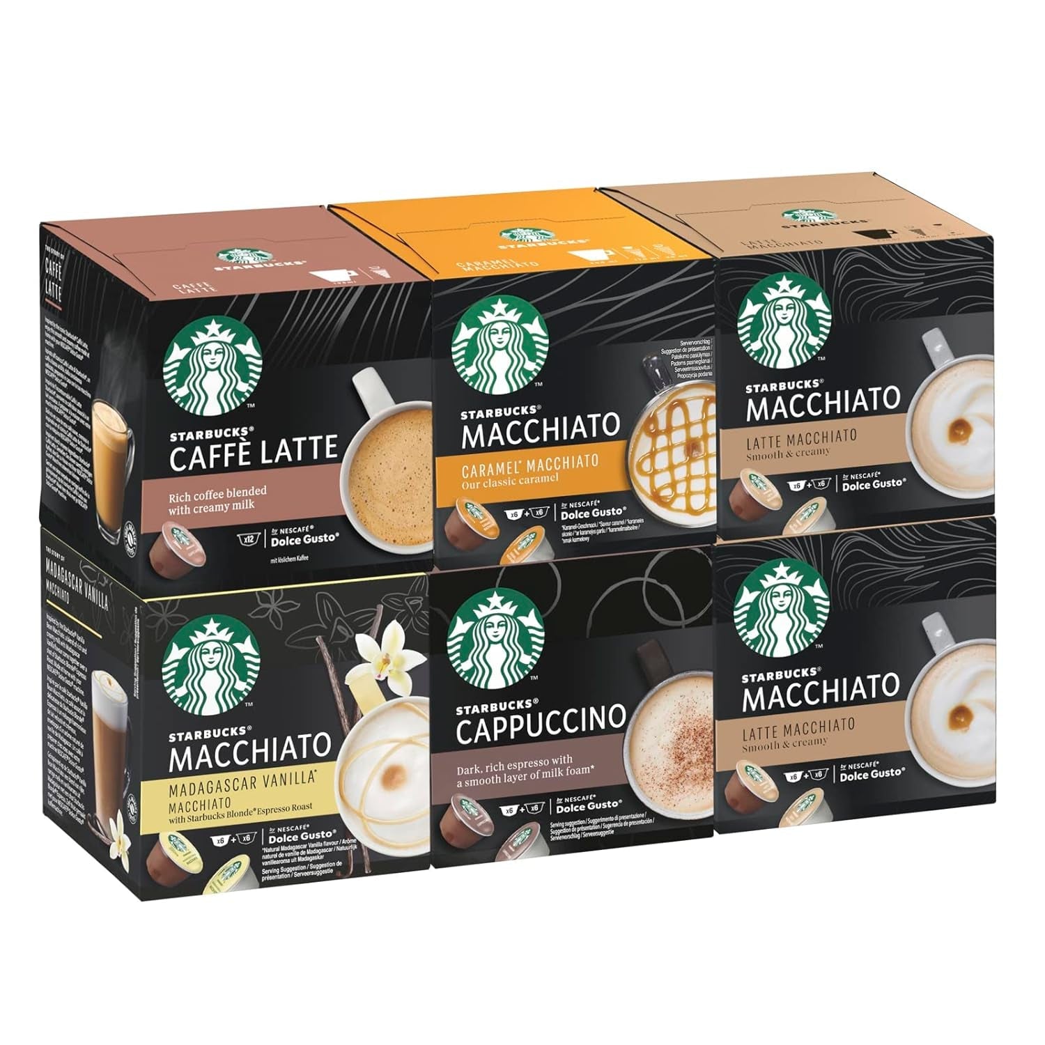 STARBUCKS Probierset, White Cup Variety Pack di Nescafé Dolce Gusto Kaffeekapseln & Vanilla Macchiato di Nescafé Dolce Gusto Kaffeekapseln 6 x 12 (72 Kapseln, 36 Portionen)