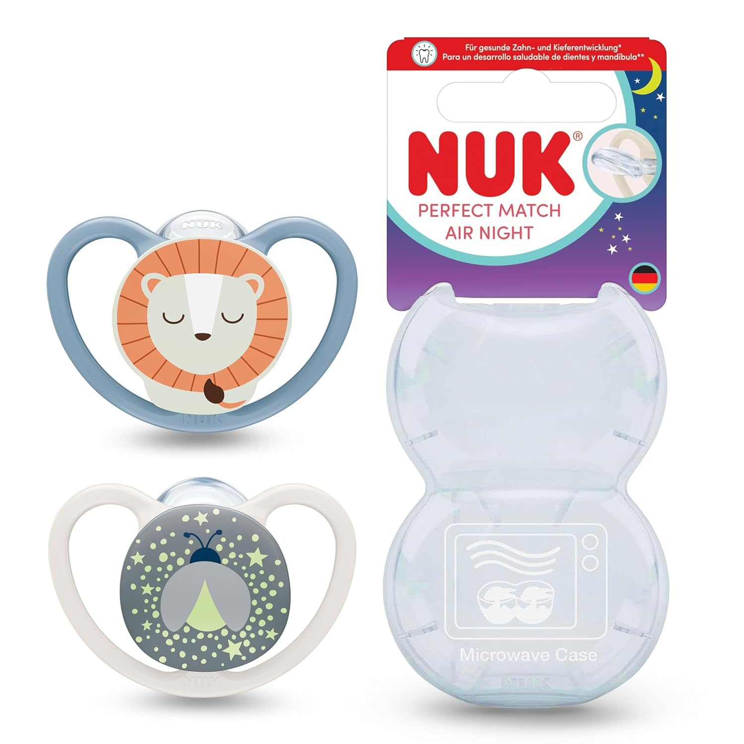 Ciucci NUK Perfect Match Air Night per neonati | 0-6 mesi | Ciucci fosforescenti che favoriscono la circolazione dell'aria e prevengono la sbavatura | 95% di accettazione da parte dei bambini** | Leone | Confezione da 2