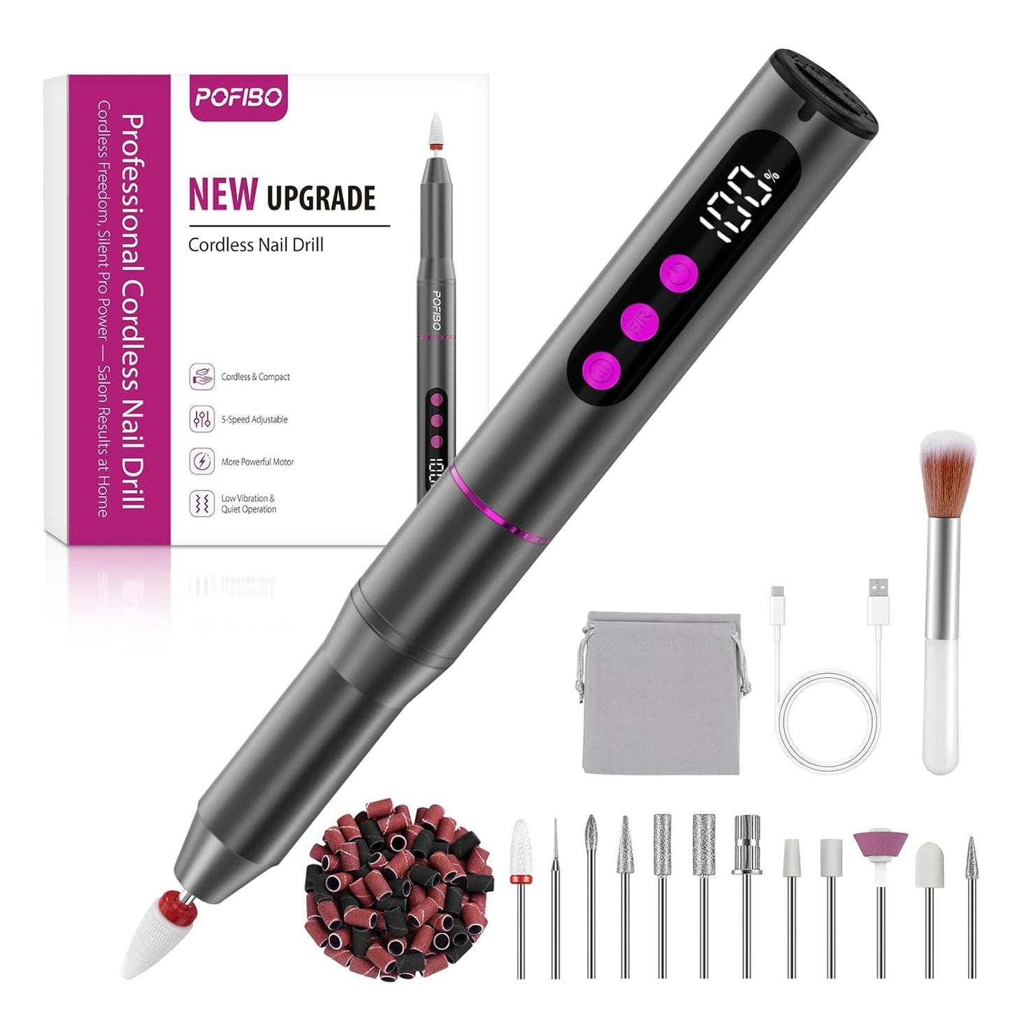 Lima per unghie elettrica senza fili - 35000 giri/min per unghie in gel, lima per unghie professionale e acrilica 12 in 1, set per manicure e pedicure a 5 velocità