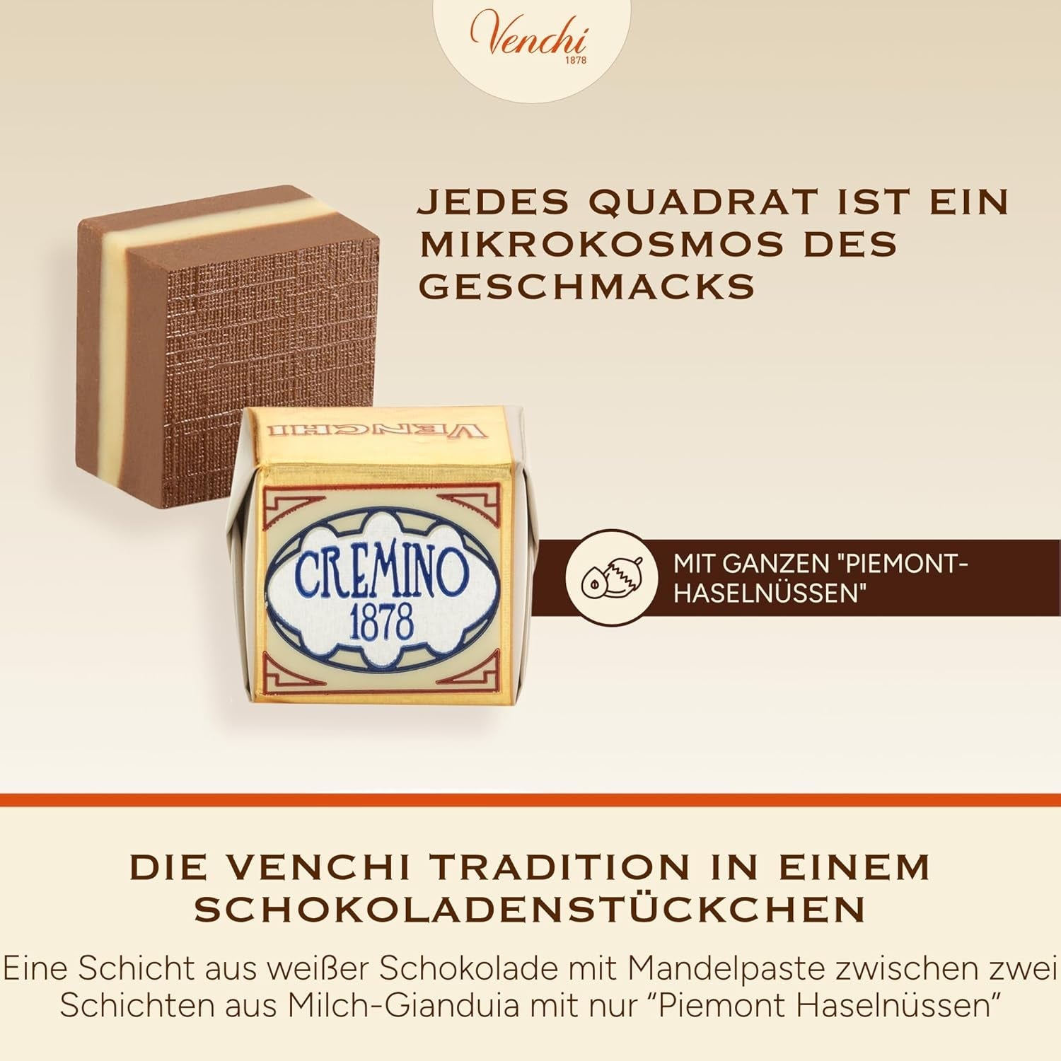 Venchi - Cremini 1878 - Cioccolato tre strati al gianduja con latte e pasta di mandorle, "Nocciola Piemonte IGP", 1 kg, senza glutine, senza coloranti e senza conservanti