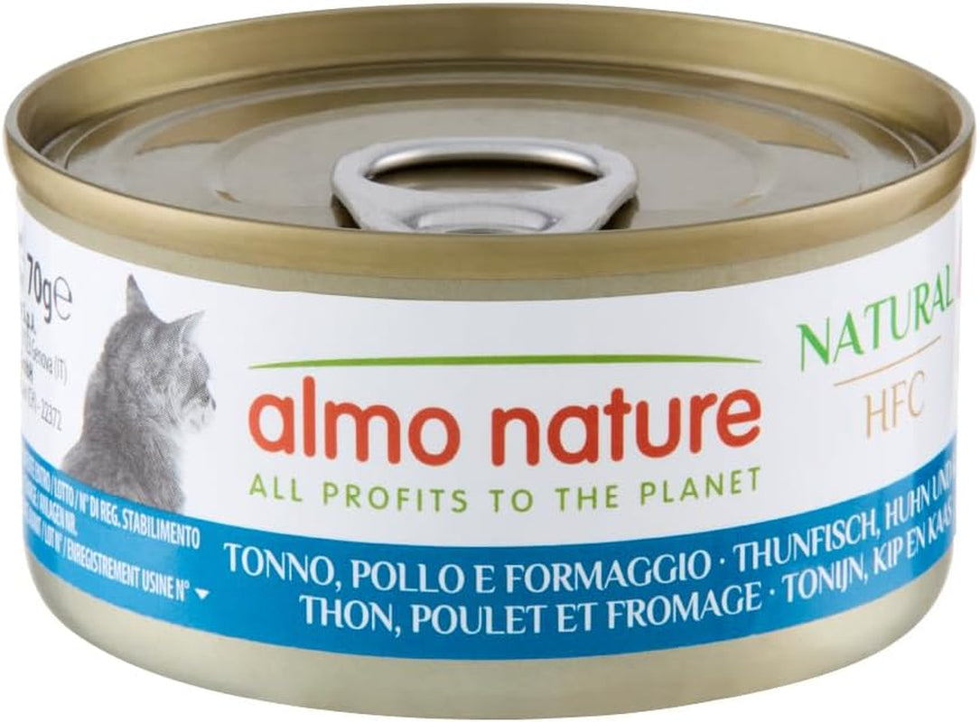 Almo Nature HFC Natural - Alimento umido per gatti adulti - Tonno, Pollo e Formaggio - Qualità Human, Senza Glutine - 6 x 70g